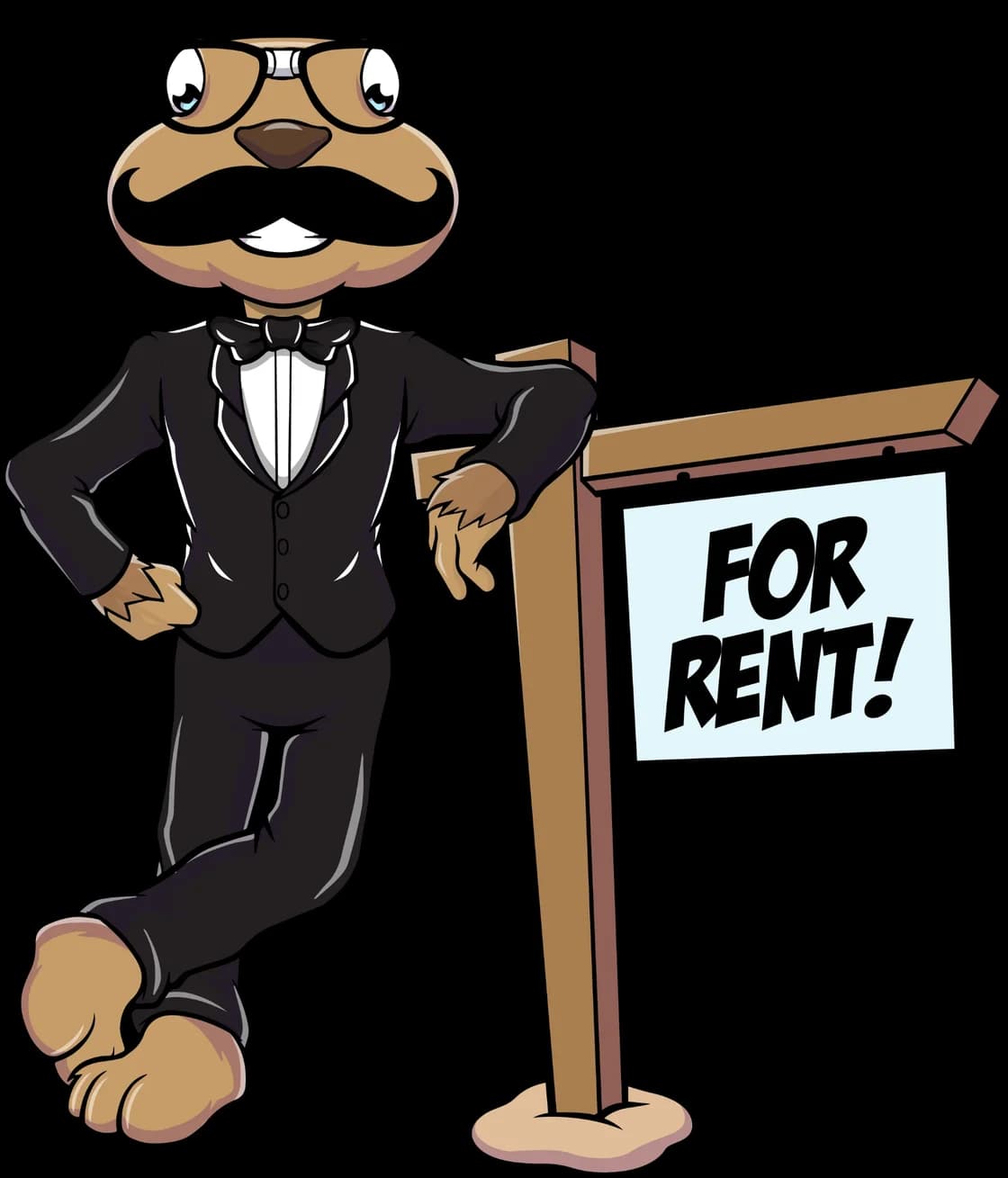 The Landlord Gopher mascot in a tuxedo, leaning on a For Rent sign