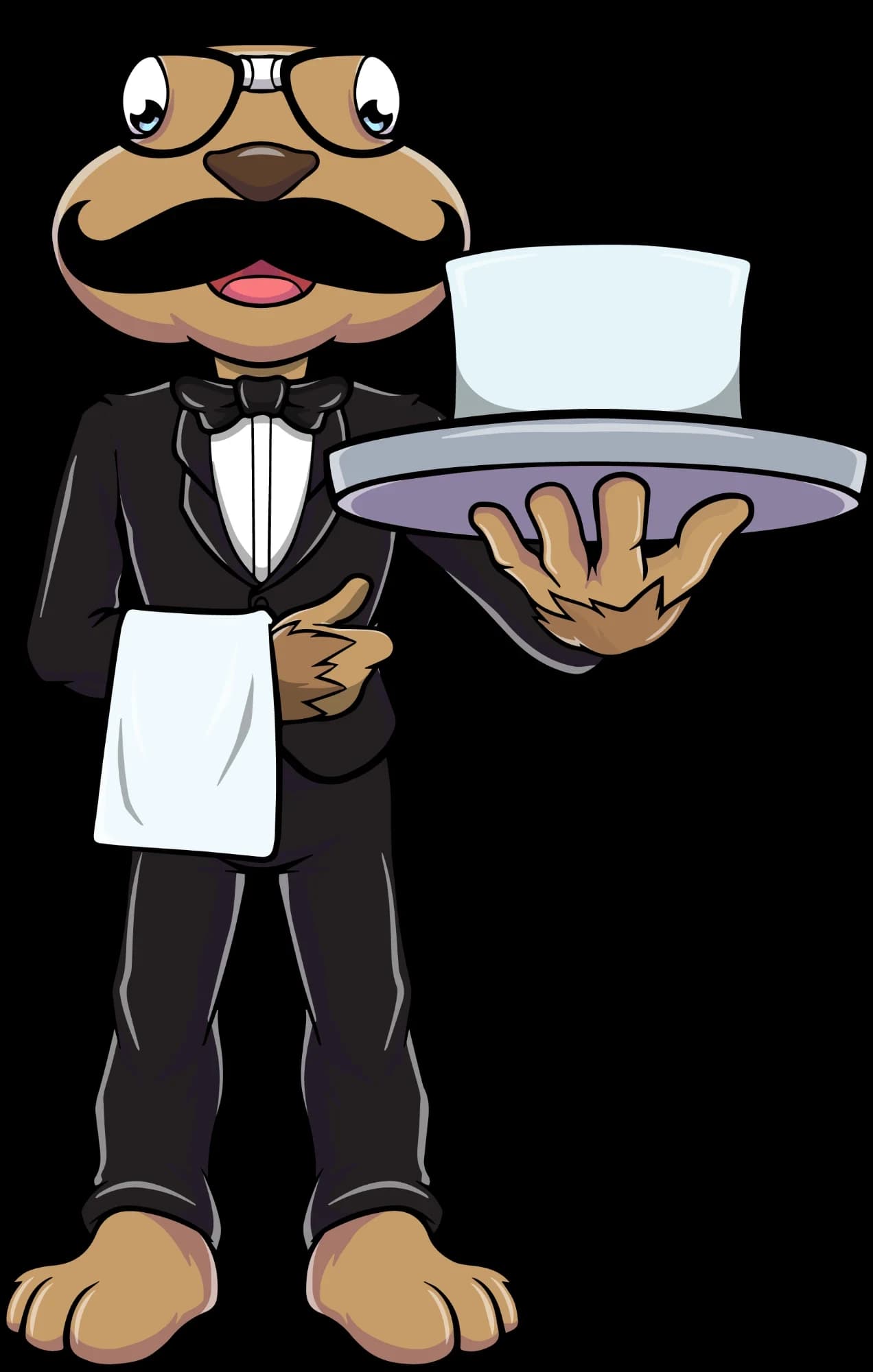 The Landlord Gopher mascot in a tuxedo, holding a serving platter with a towel over his arm